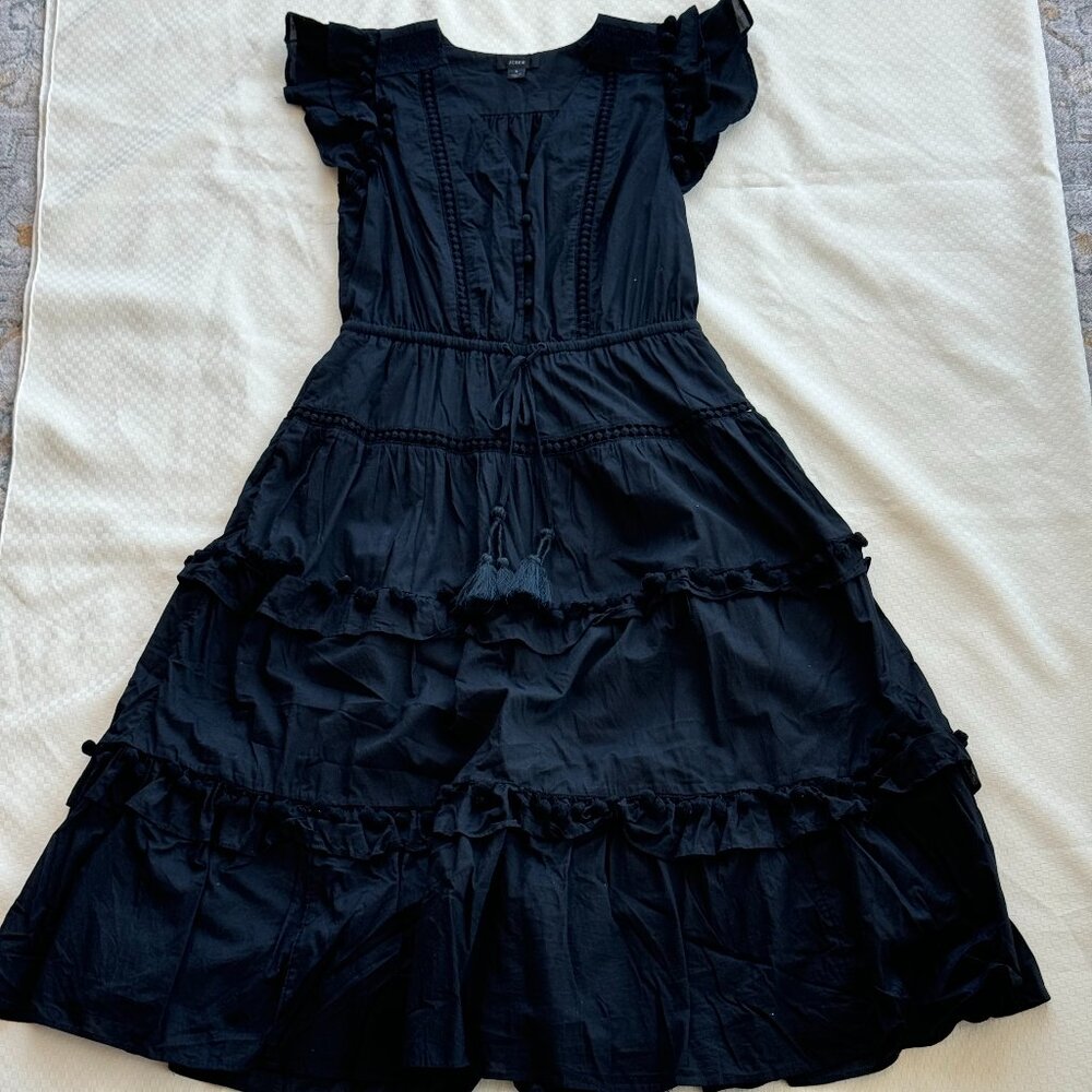 J. Crew | Black Tiered Dress with Pom Poms and Tassel Ties, Size 4